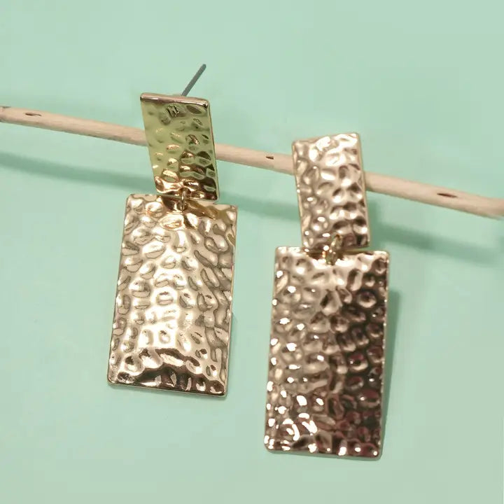 Earrings | Gold Hammered Rectangle Drop Titanium Post Earrings