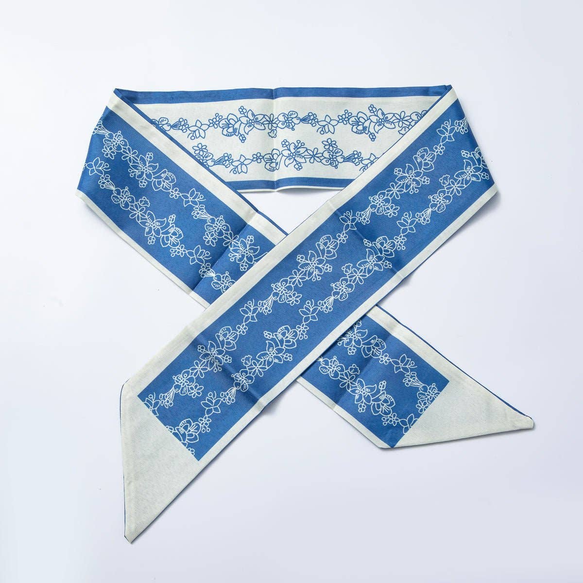 Blue Floral Soft Faux Silk Bandana Scarf Necklace