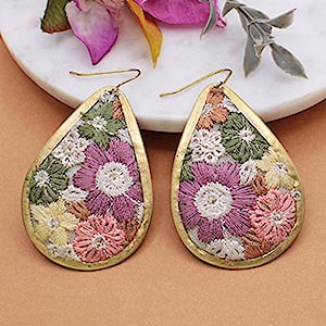 Earrings - Olive & Pink Fabric Embroidered