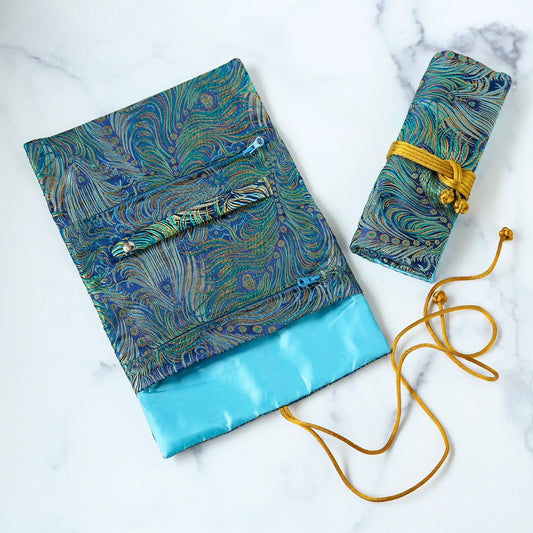 Peacock Feather Brocade Jewelry Rolls
