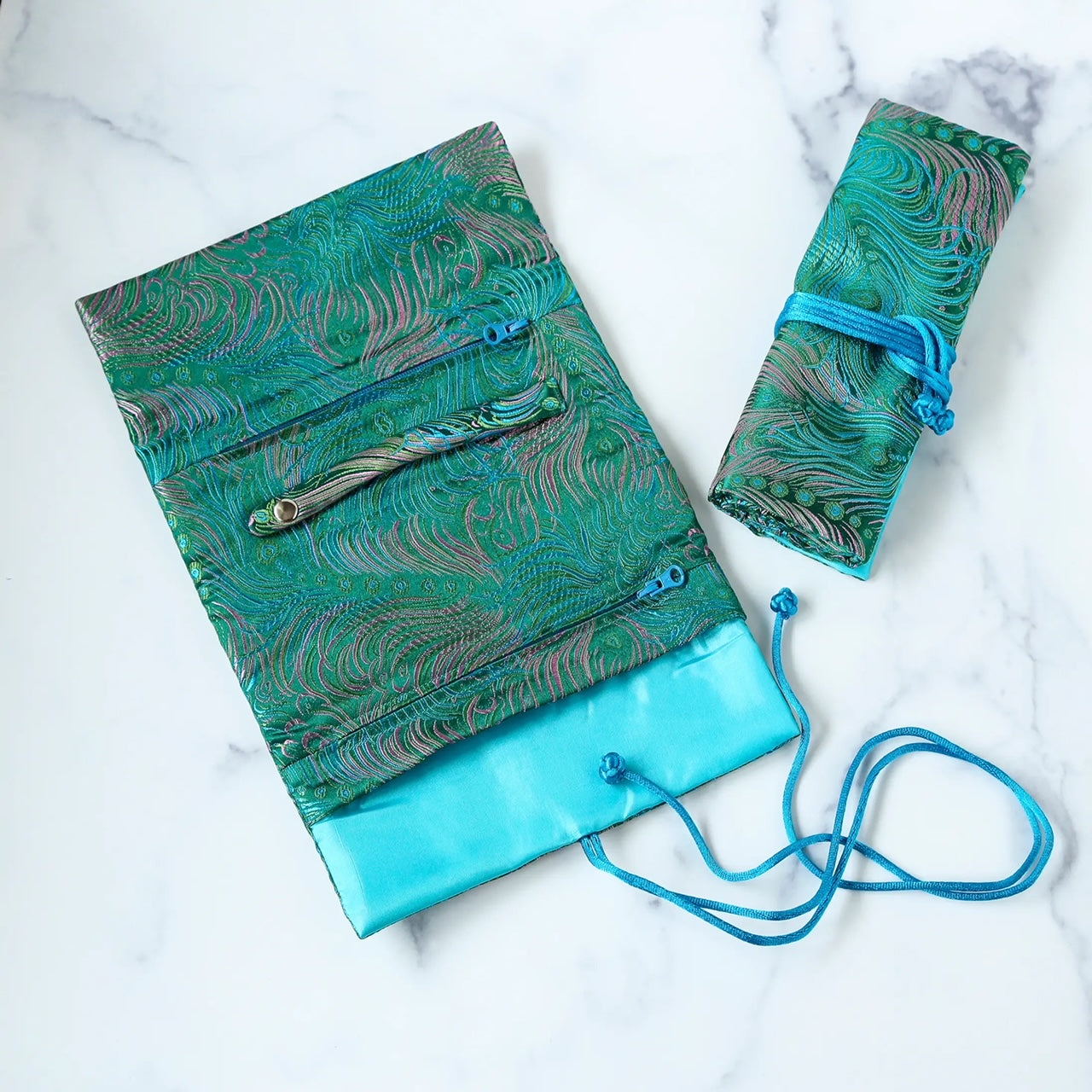 Peacock Feather Brocade Jewelry Rolls