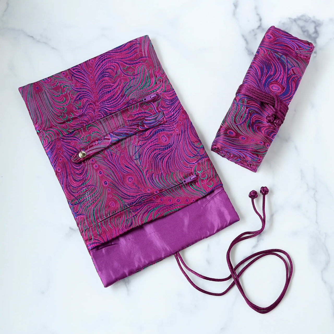 Peacock Feather Brocade Jewelry Rolls