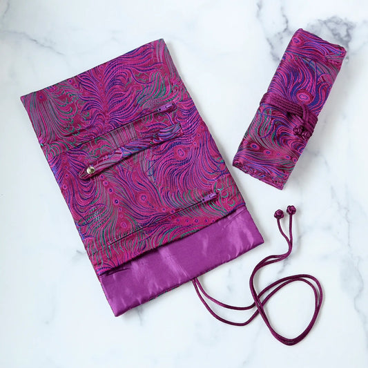 Peacock Feather Brocade Jewelry Rolls