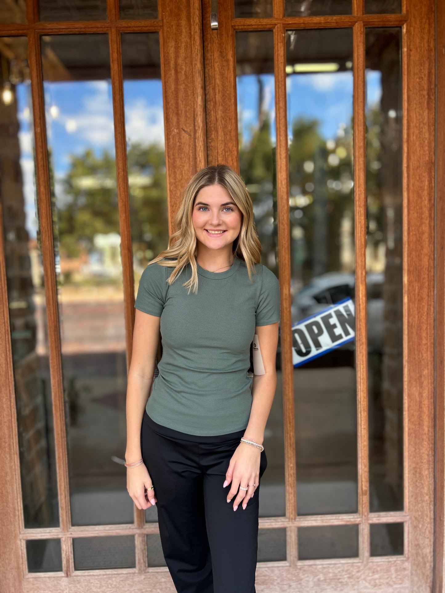 Athleisure | Essential Short-Sleeved Micro-Ribbed  Top: SILKY PINE