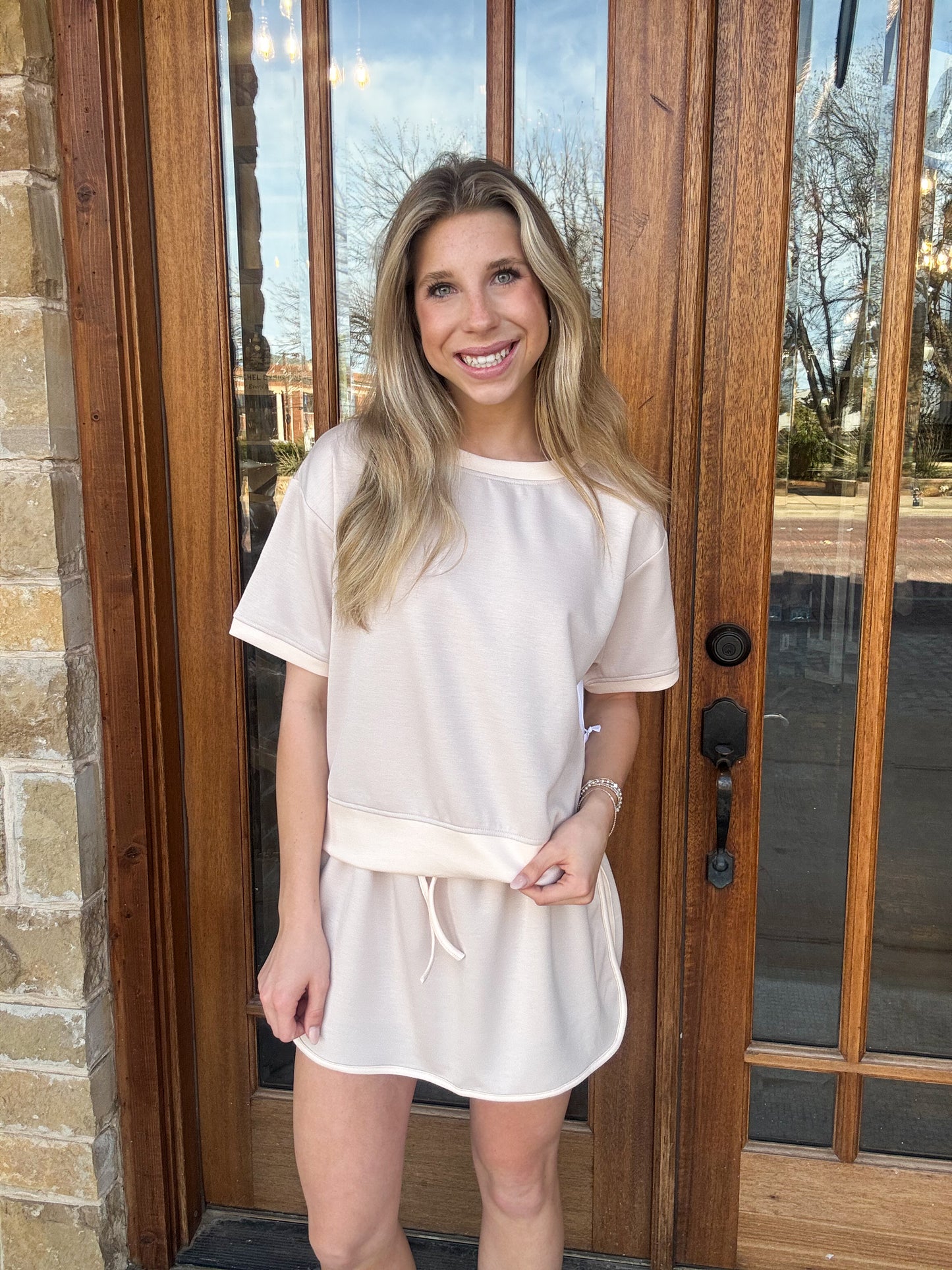 Beige and White Contrast Top and Skirt Set