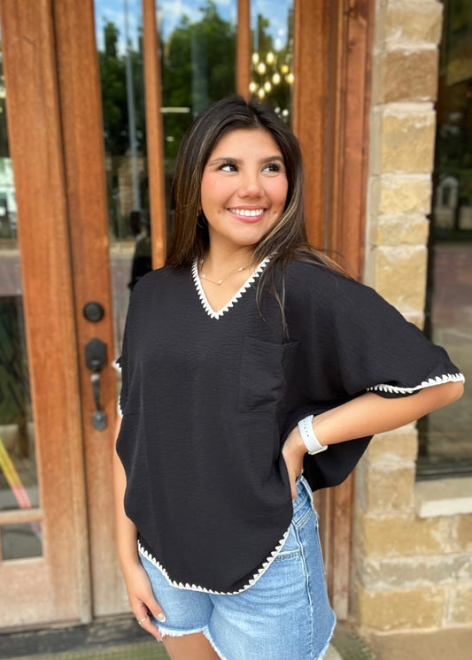 Tops | Blouse Black V-Neck with White Embroidered Trim
