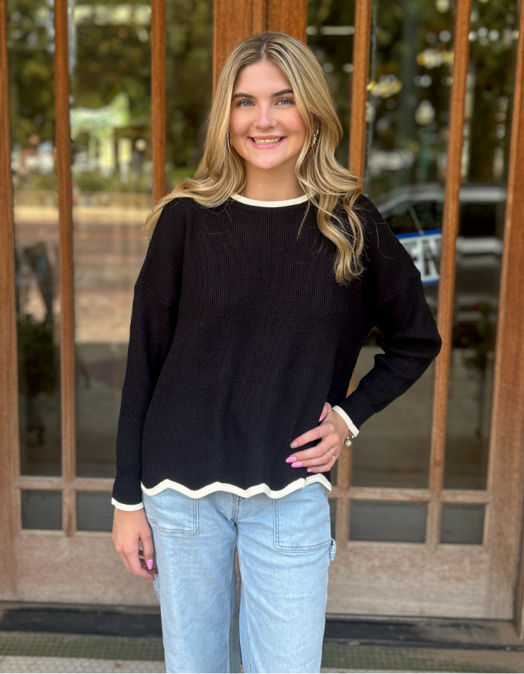 Tops | Sweater Black Knit with Contrasting Colors & Wavy Hem