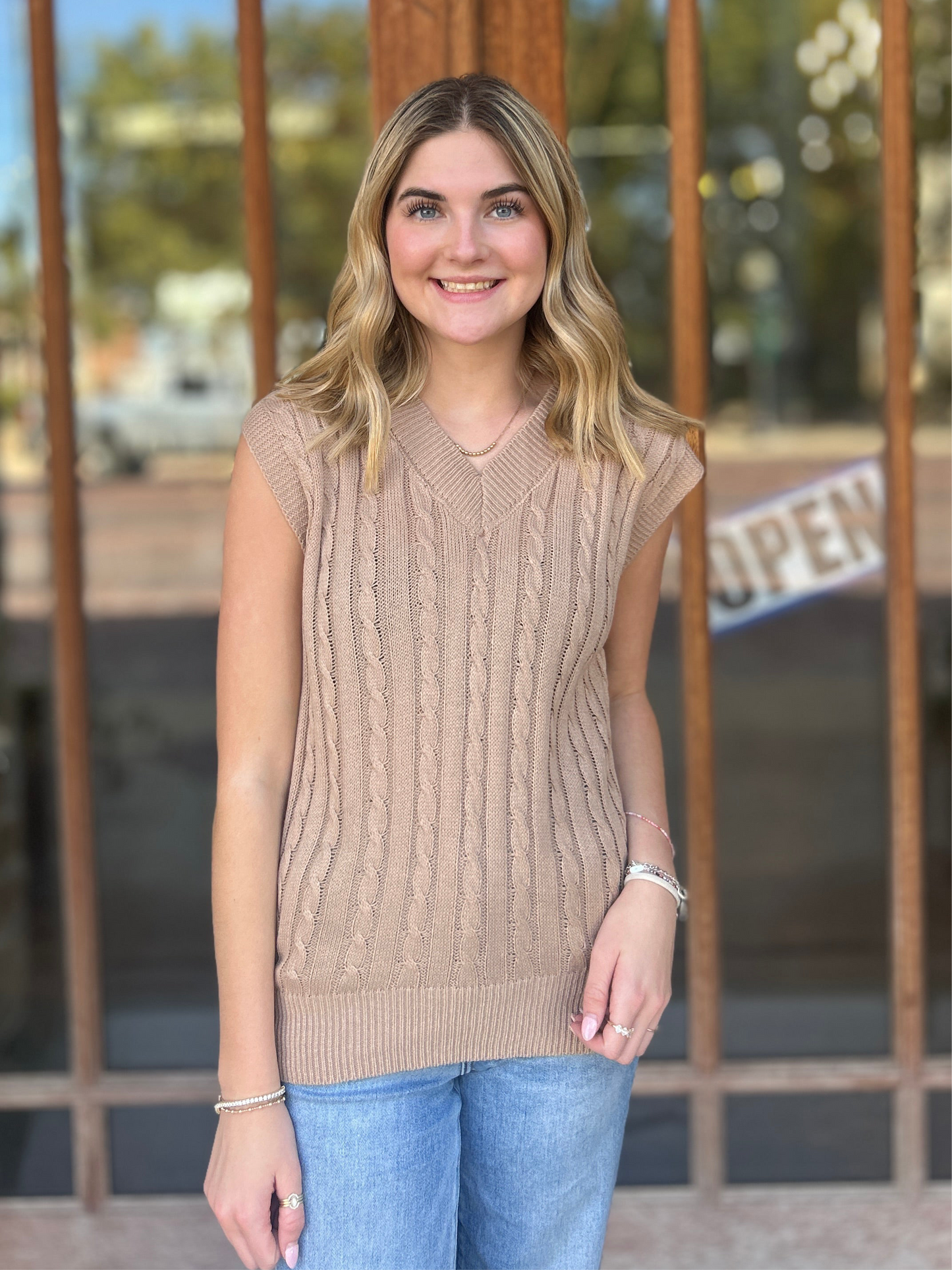 Tops | Sweater V-Neck Solid Color Sleeveless Khaki
