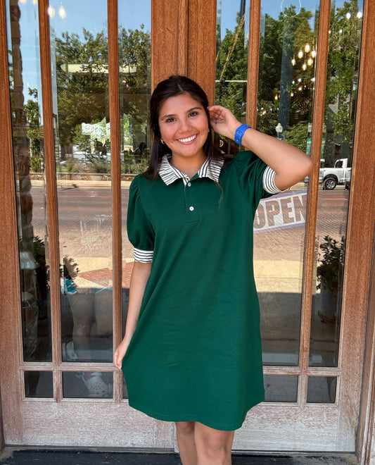 Dresses | Midi Hunter Green Solid Short Sleeve Pullover With Contrasting Ruffle Neck