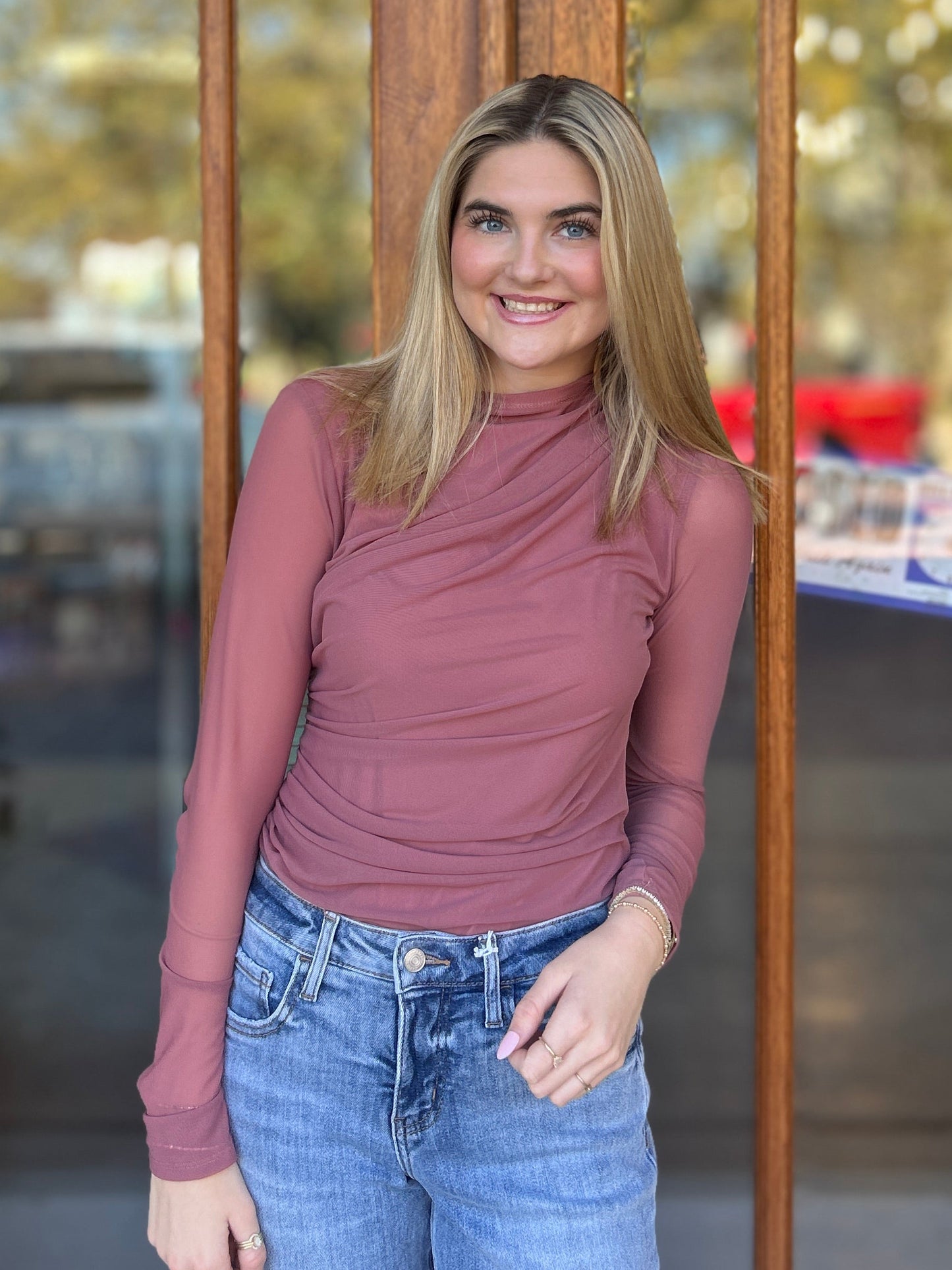 Red Bean Ruched Mesh Bodysuit