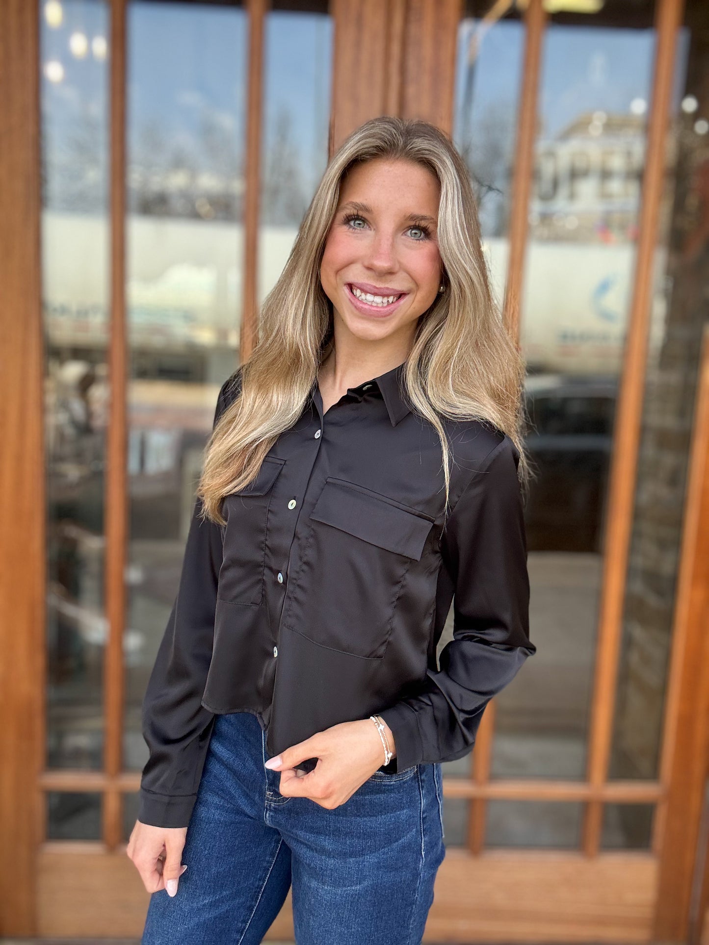 Black Cropped Button Down Blouse