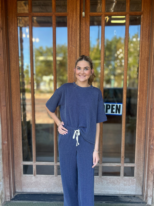 Sets | Raised Rib Short Sleeve Tee & Pants Navy