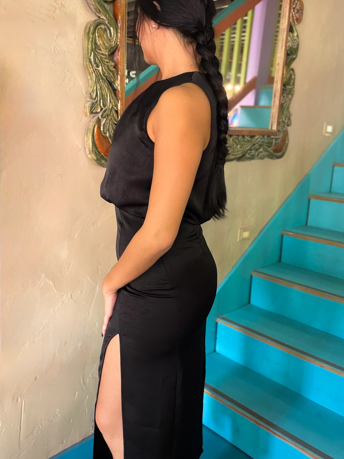 Dress - Black Silky Side Slit Midi