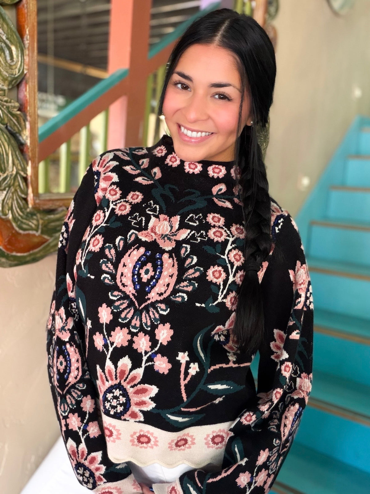 Sweater - THML Floral High Neck
