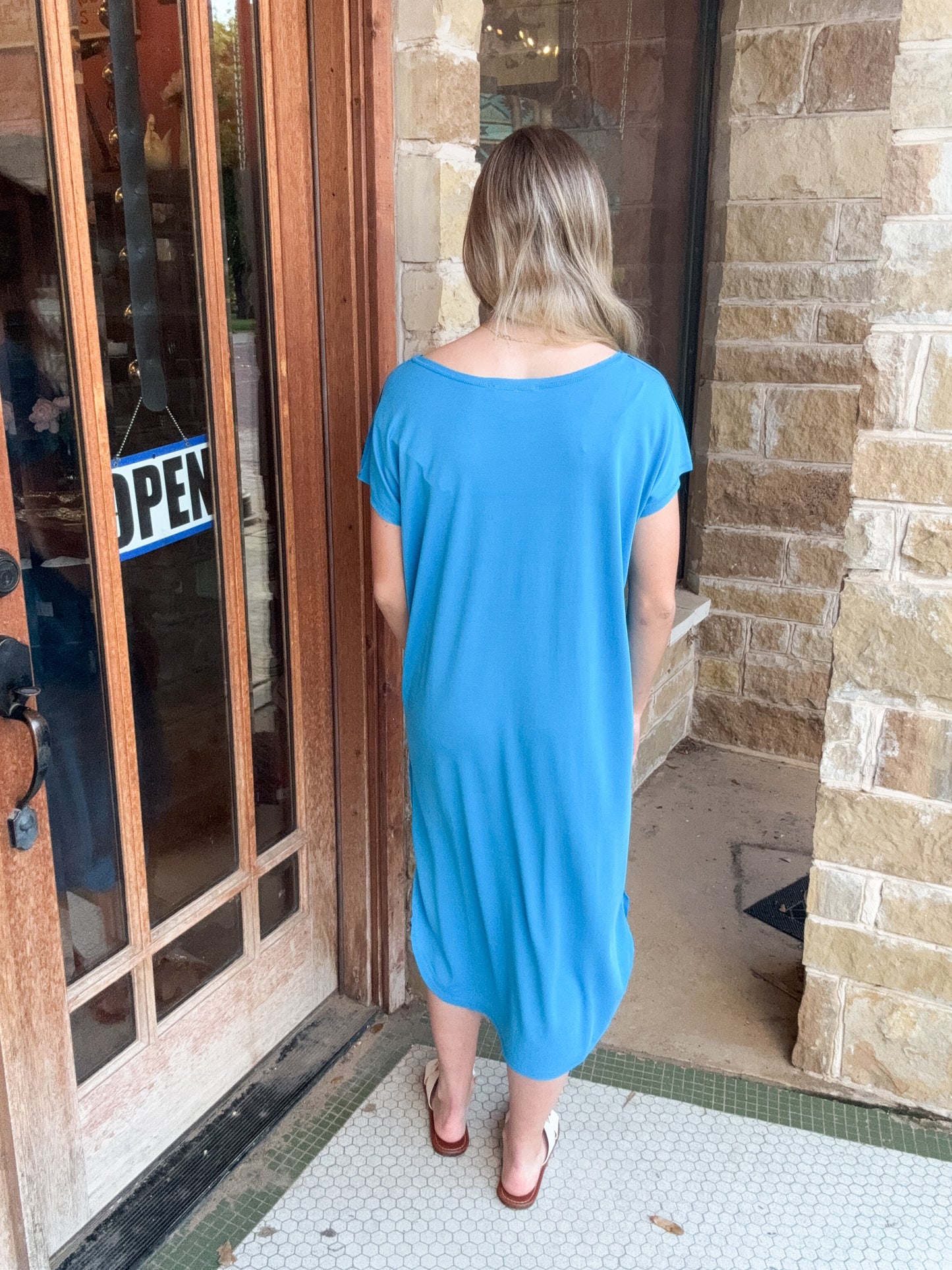 Dresses | Midi Blue Soft High Low Scoop Neck Short Sleeve