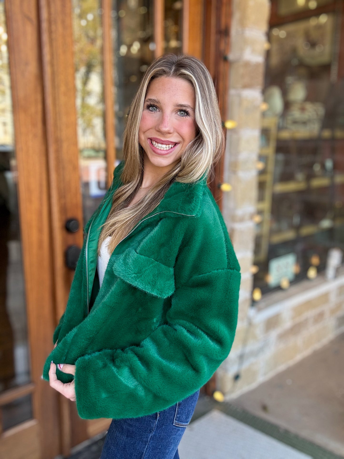 Jacket | Faux Fur Crop Zip-Up Green