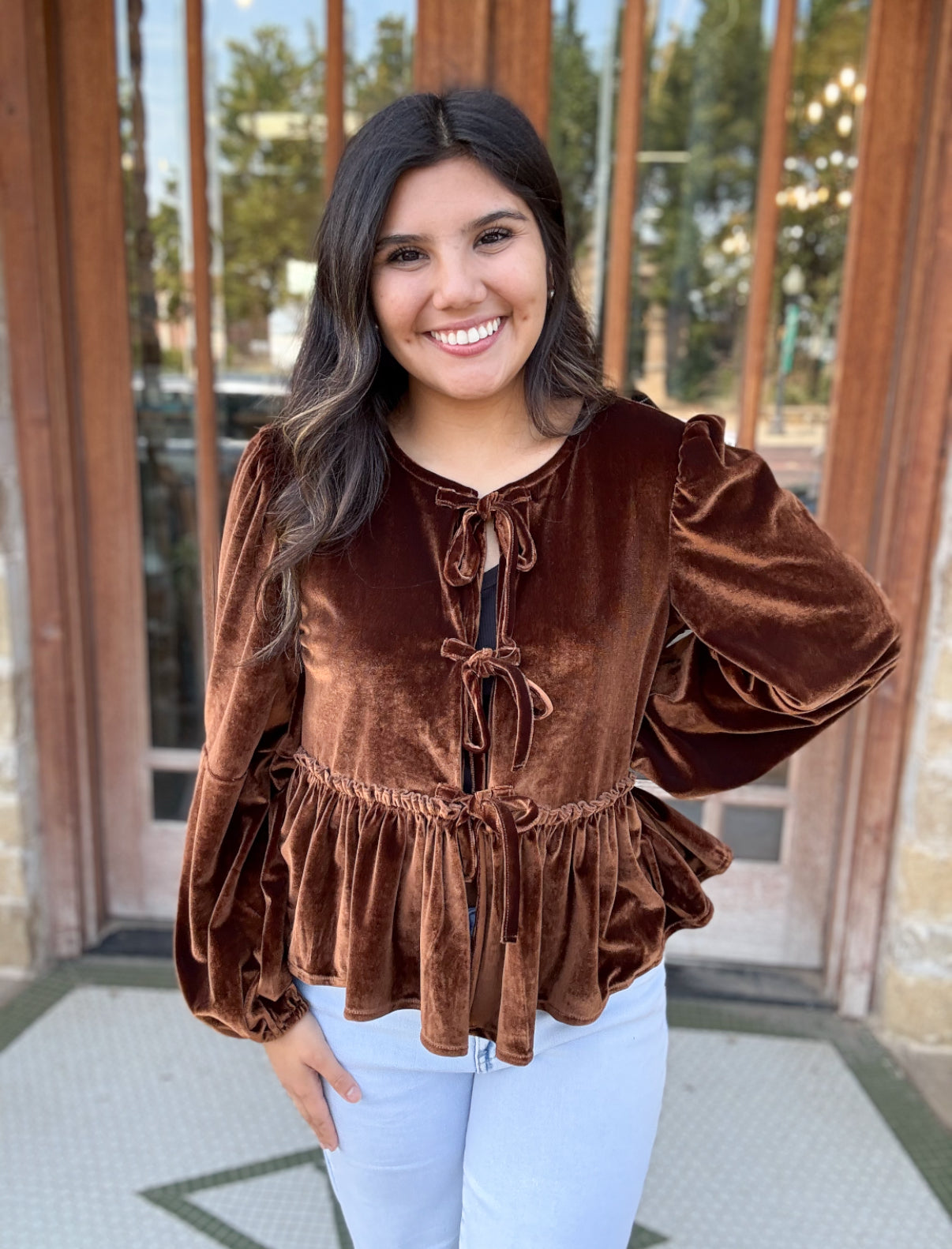 Tops | Blouse Velvet Open Front Babydoll W/Bow Detail