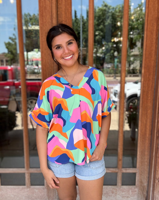 Tops | Blouse Multi V-Neck Short Roll-Up Sleeve Geo Woven