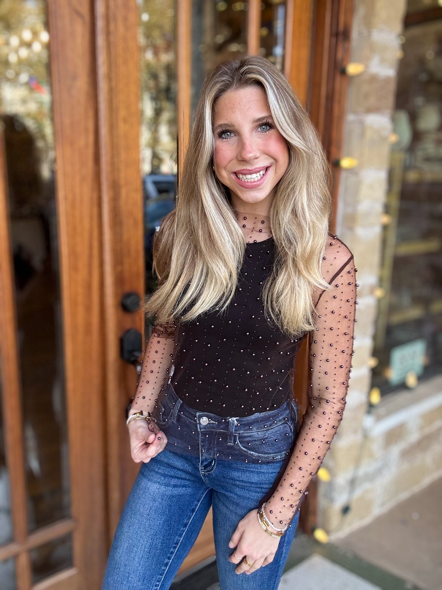 Mesh Bead and Pearl Embellished Long Sleeve