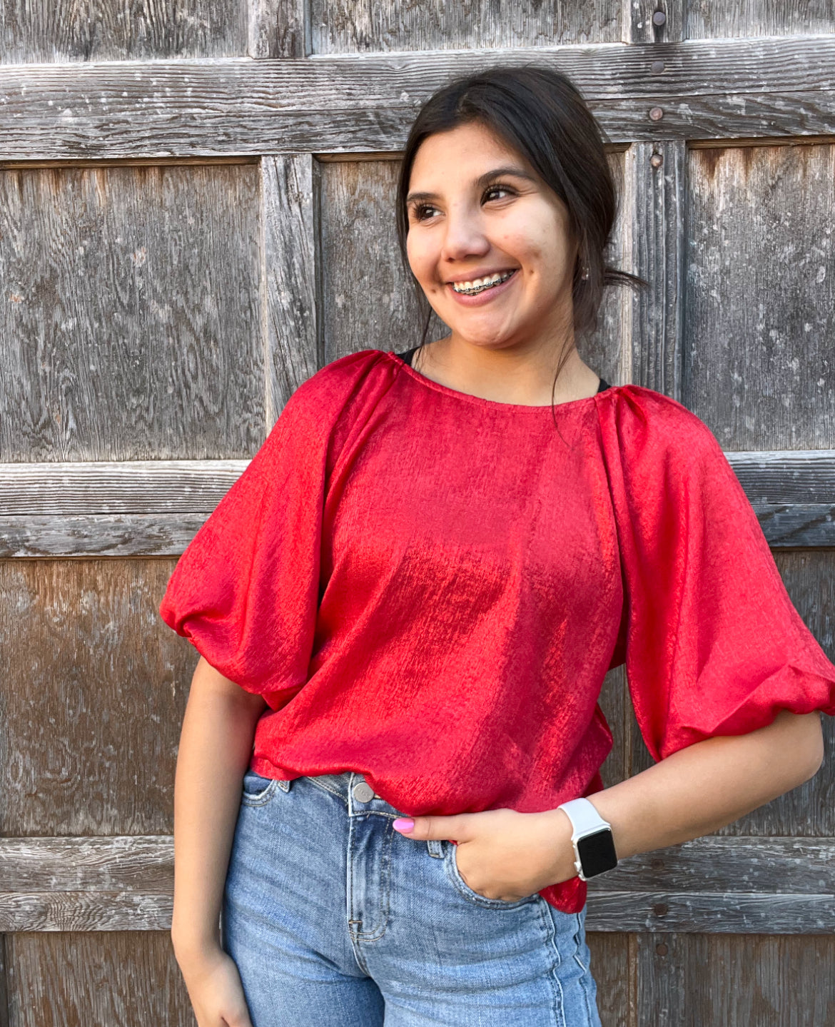 Top | Blouse Red around Neckline Puff Short Sleeve