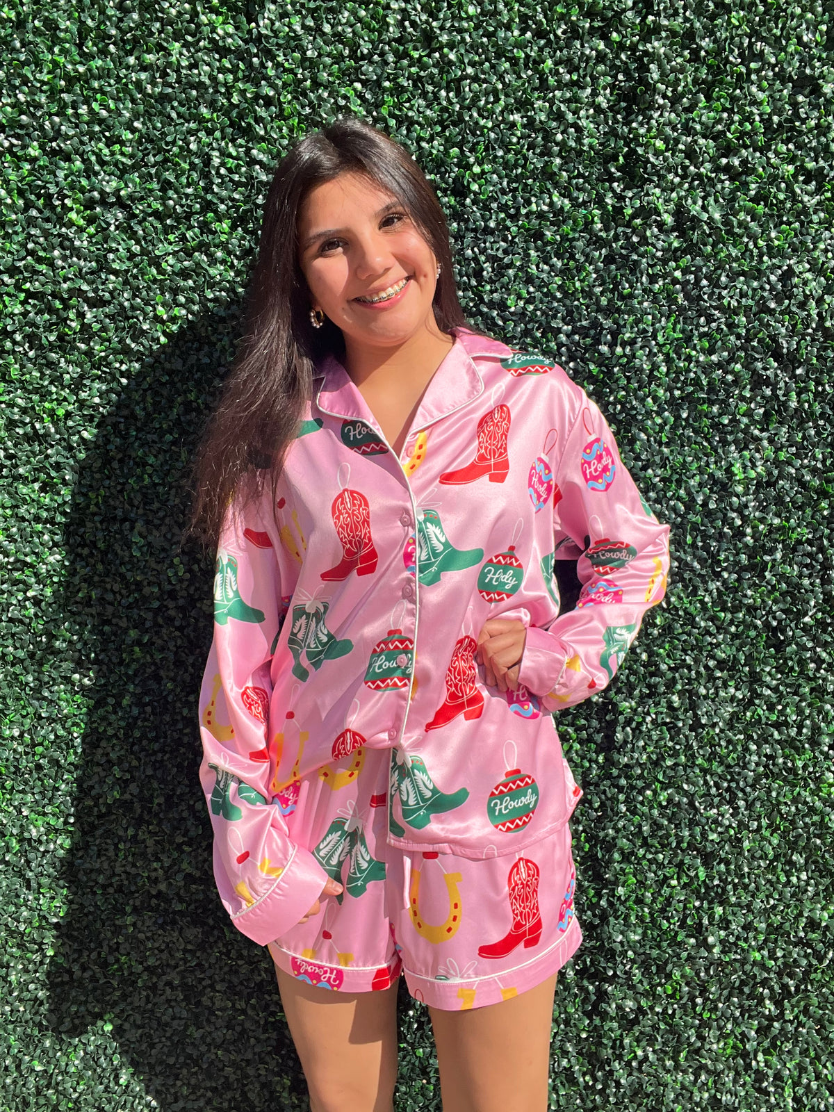 Set | Western Holiday Printed Satin Pajama Set