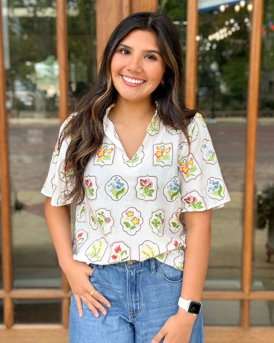Blouse - Floral Embroidered V-Neck