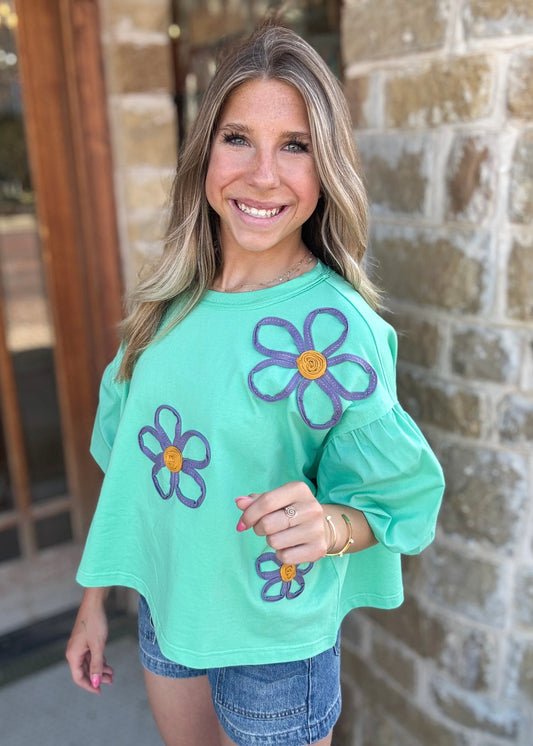 Top | Flower Embroidery Detail Solid Mint Knit Top