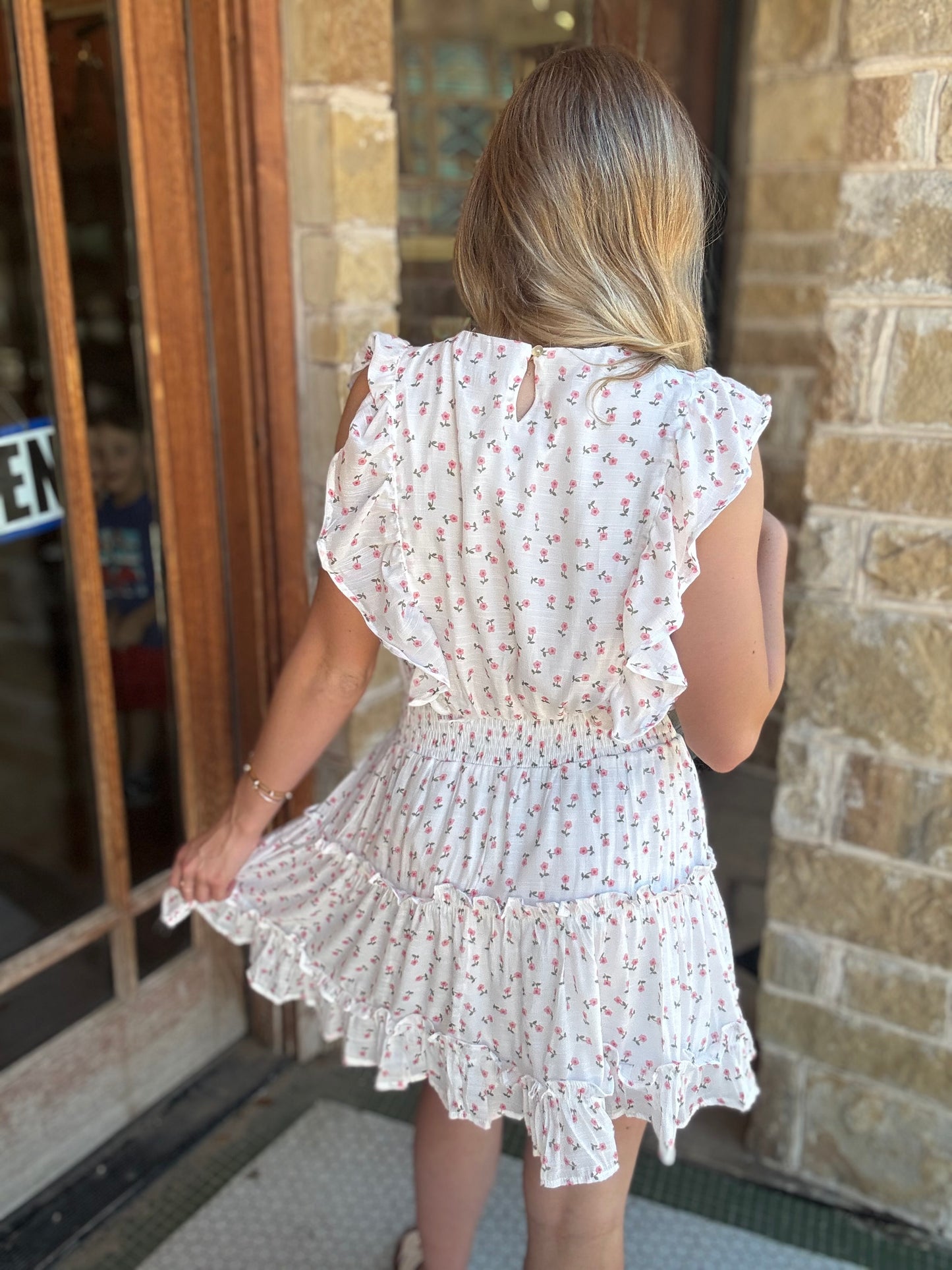 White Ditsy Floral Print Ruffle MIni Dress