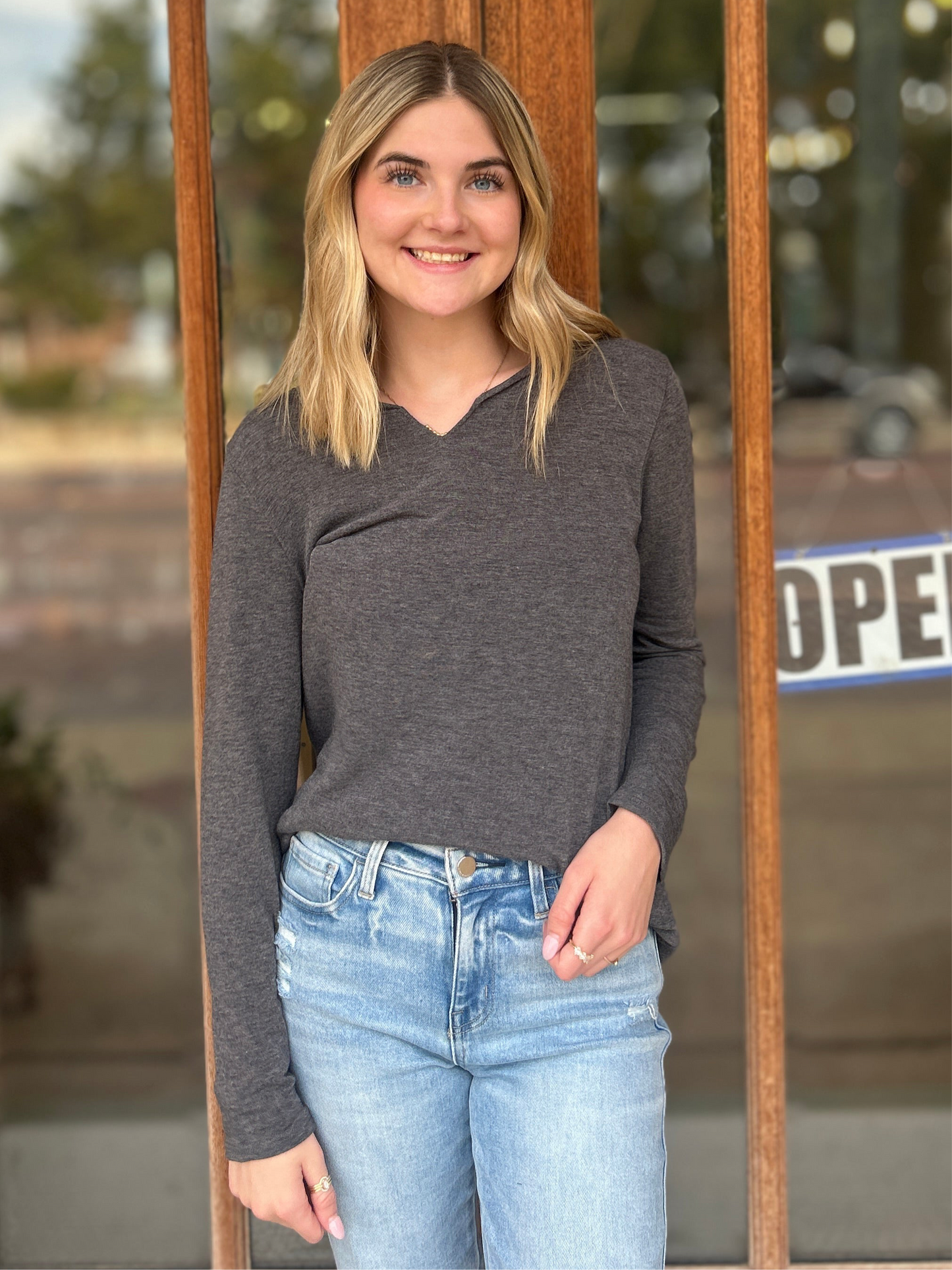 Tops | Solid Long Sleeve Basic French Terry Charcoal