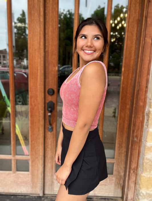 Athleisure | Rust Tank Top Washed Ribbed Seamless Bra Padded V-Neck