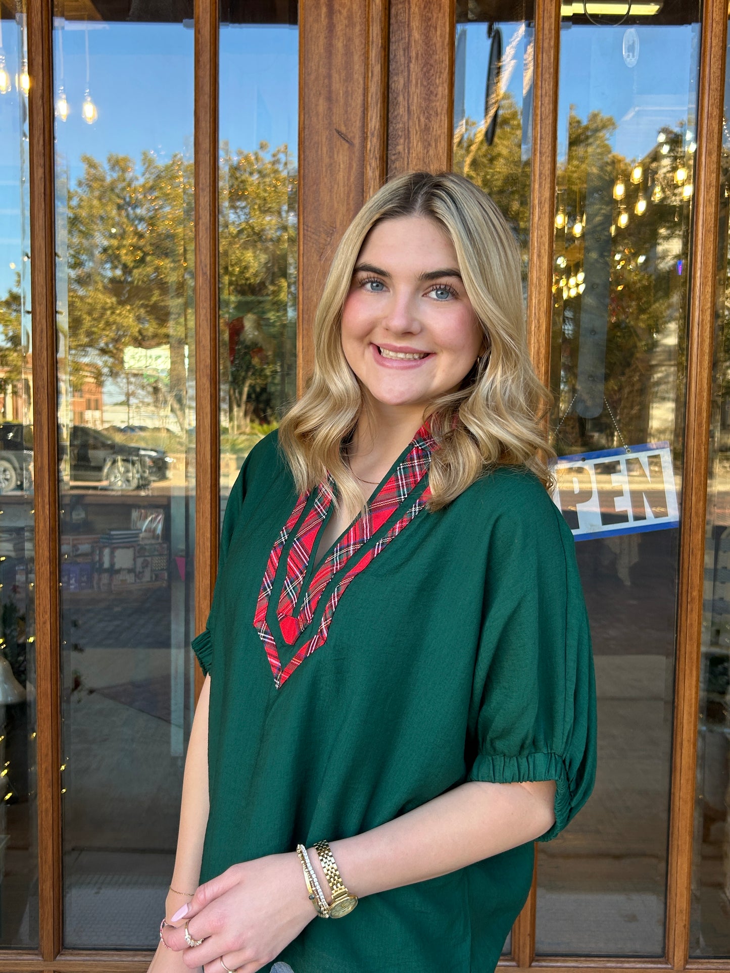 Holiday Plaid Trim Blouse