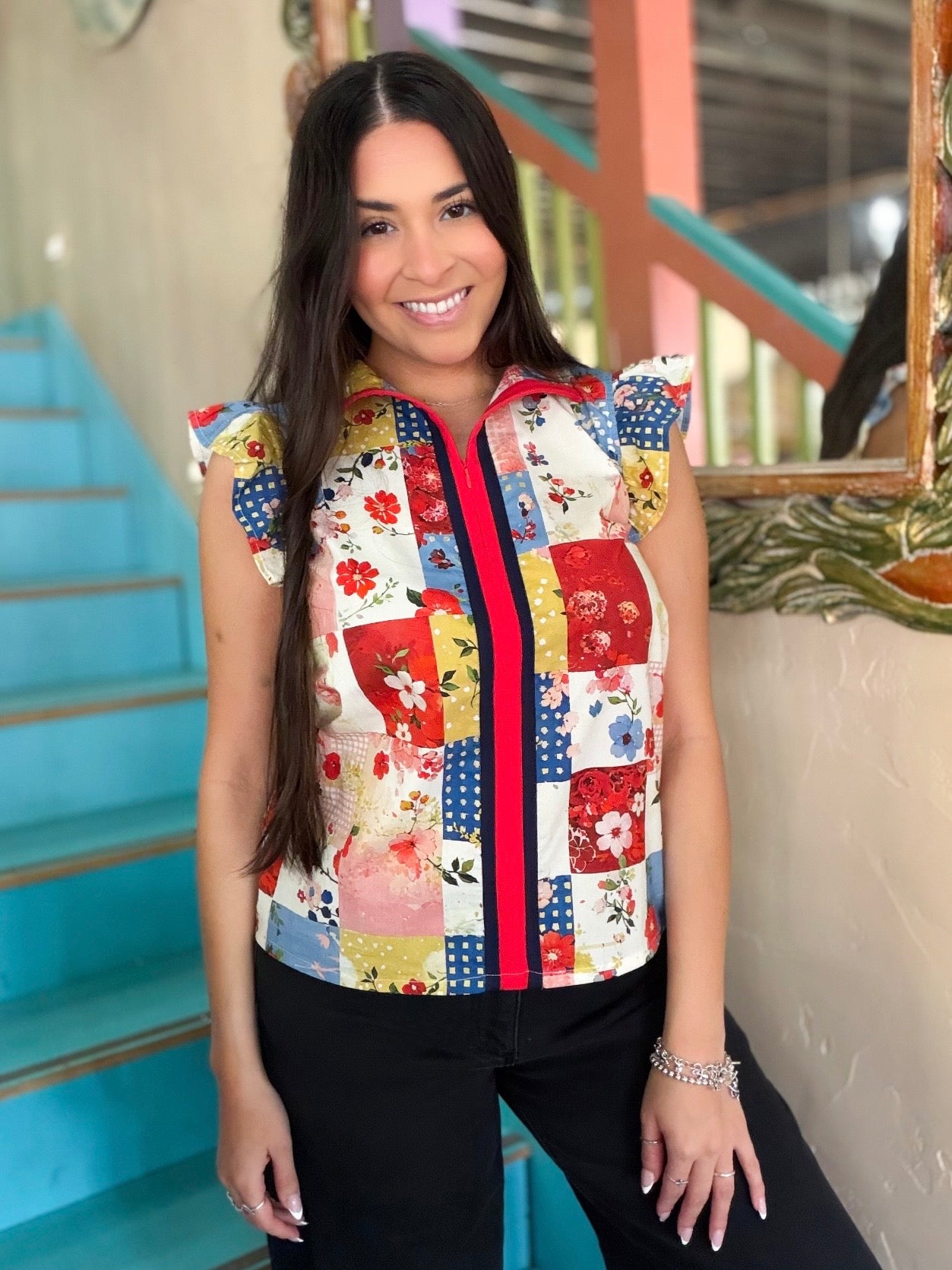 Blouse - Floral Patchwork Flutter Sleeve