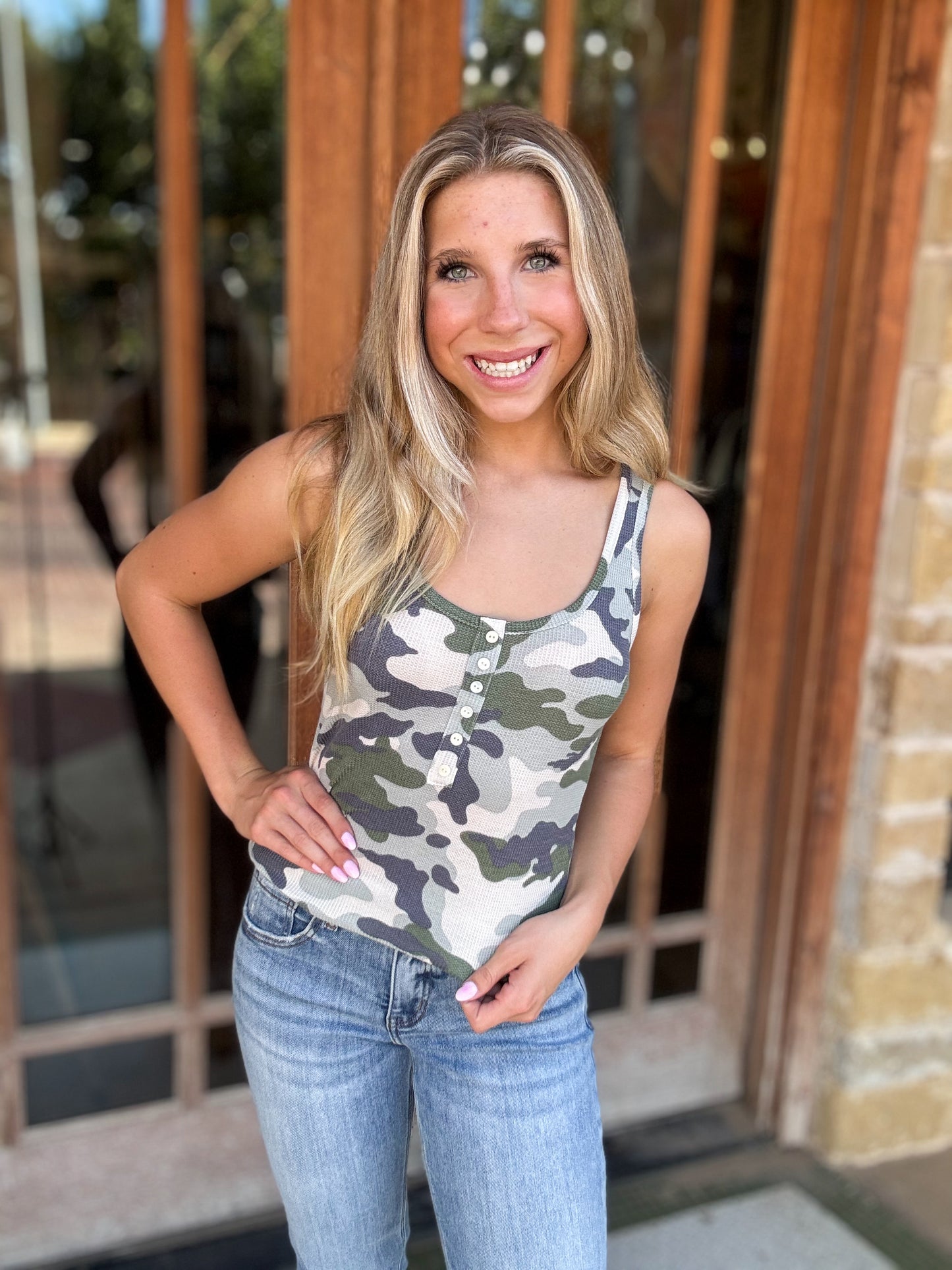 Tops | Tank Camo Print Scoop Neck Button Front