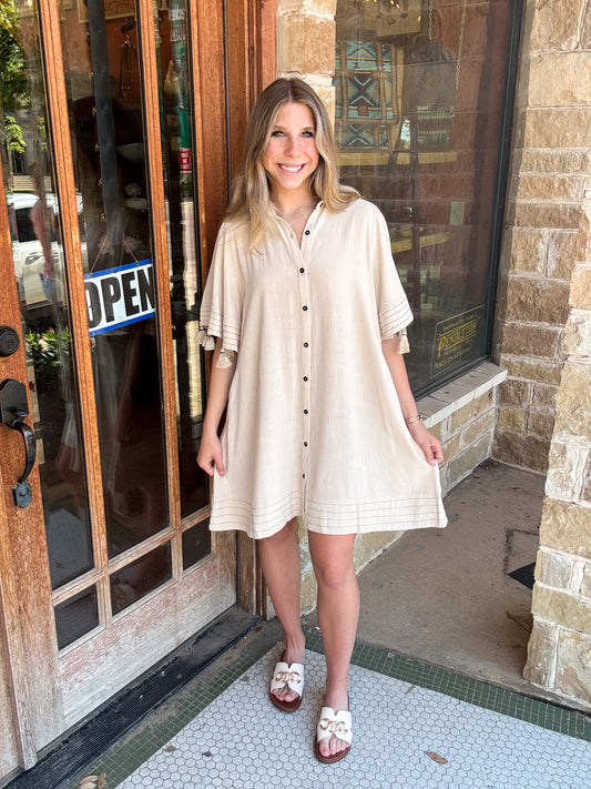 Dresses | Shift Dress Khaki Elbow Tassel Hem Button Front Rayon Linen