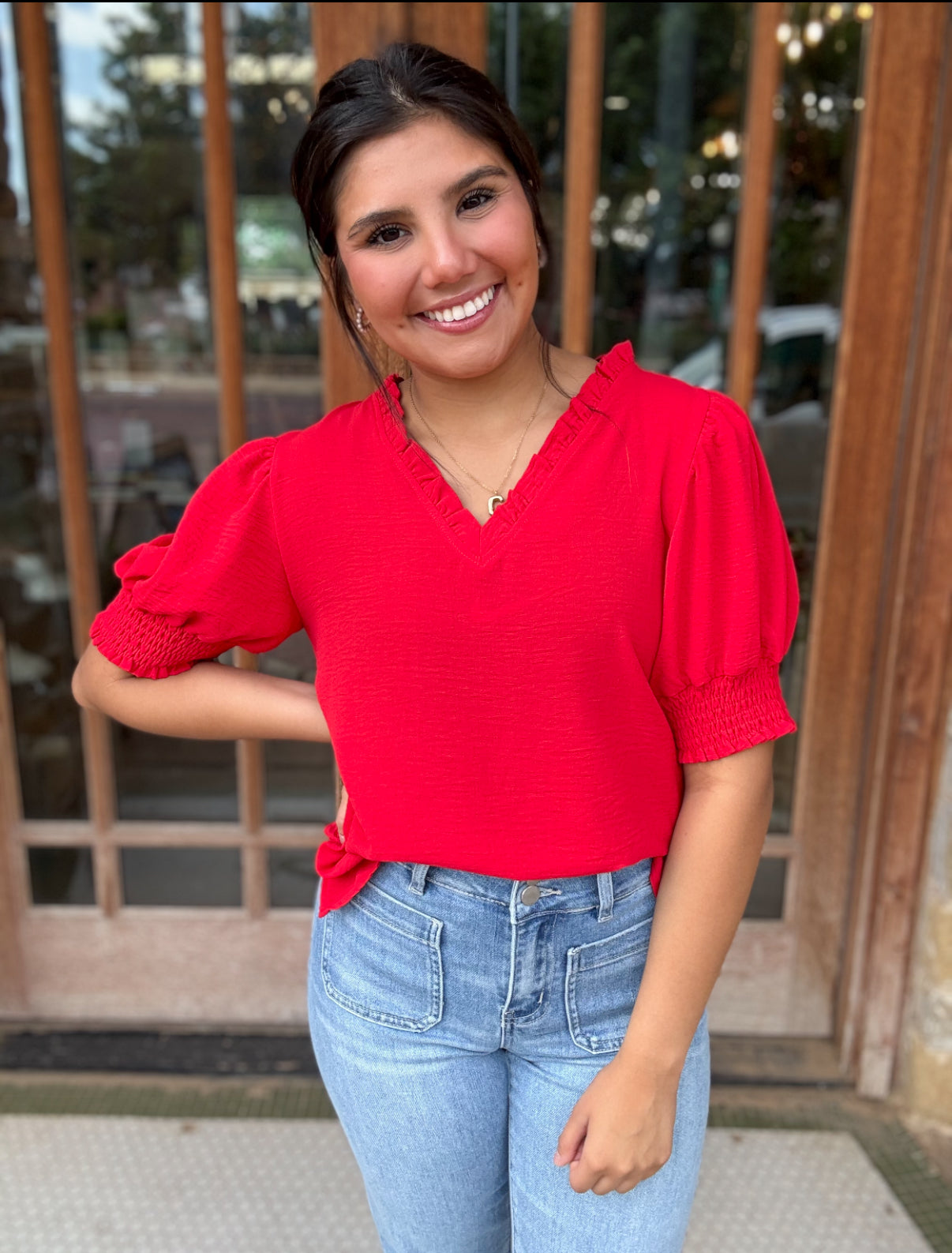 Tops | Jodifl Blouse Red Short Ruffle V Neck With Short Puff Sleeve