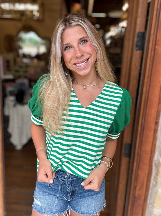 Blouse - Green Stripe Puff Sleeve