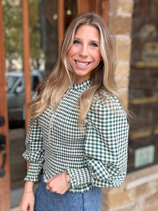 Tops | Blouse Hunter Green Checkered Long Sleeve