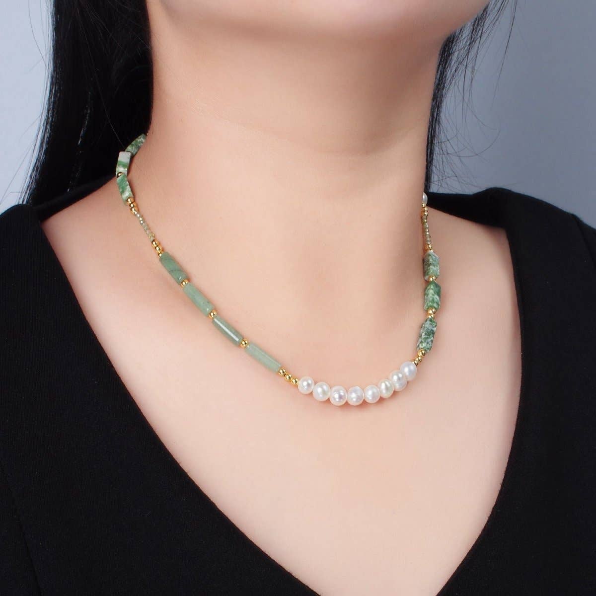 Jewelry | Necklace Handmade Green Jade Bead Chain with Freshwater Pearl 15.55 Inch