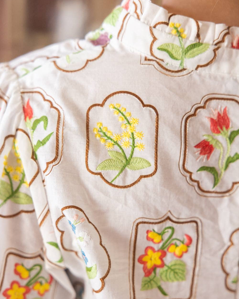 Blouse - Floral Embroidered V-Neck