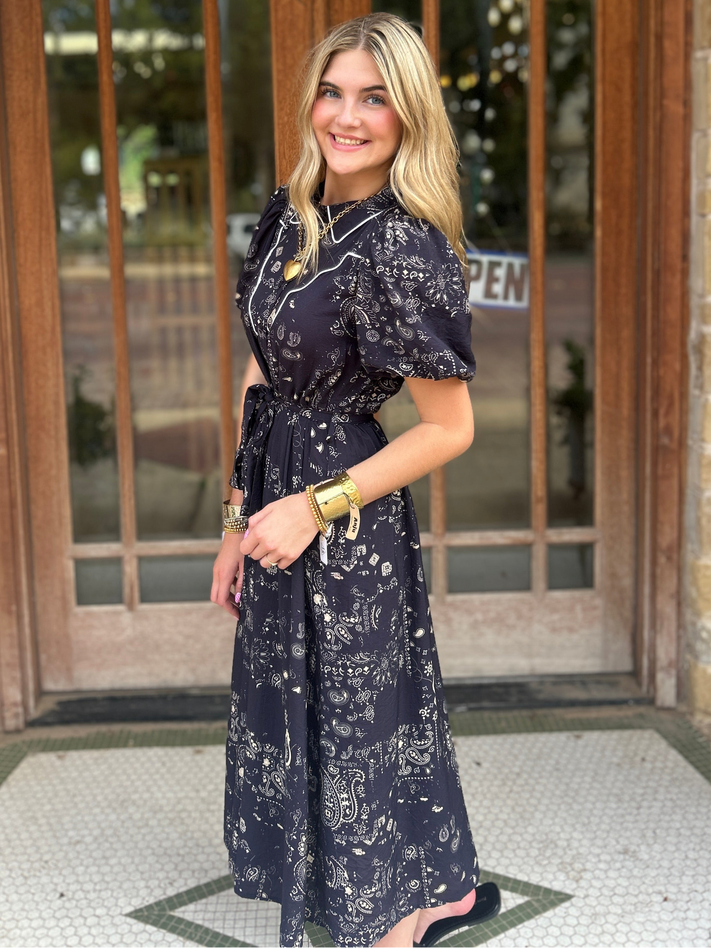 Dress | Midi Navy Paisley Print Button Front Contrast Piping in Top