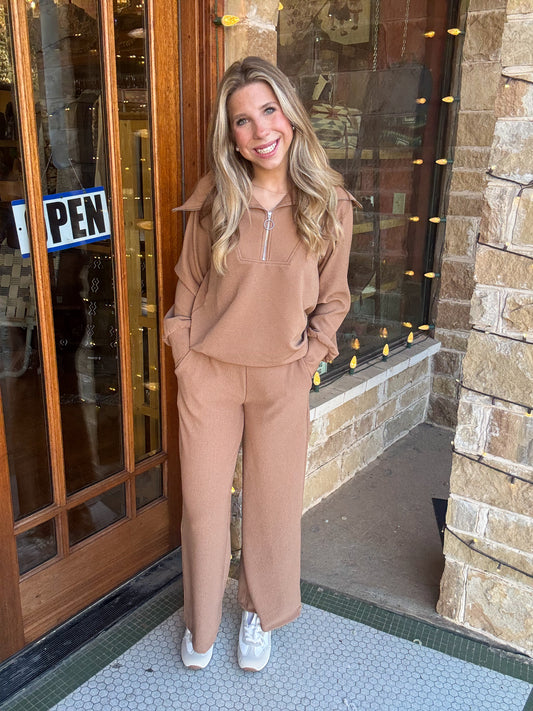 Sets | Deep Camel Pullover & Pants Ribbed High Neck Half Zip