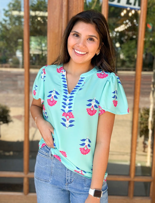 Blouse - Aqua Floral Flutter Sleeve
