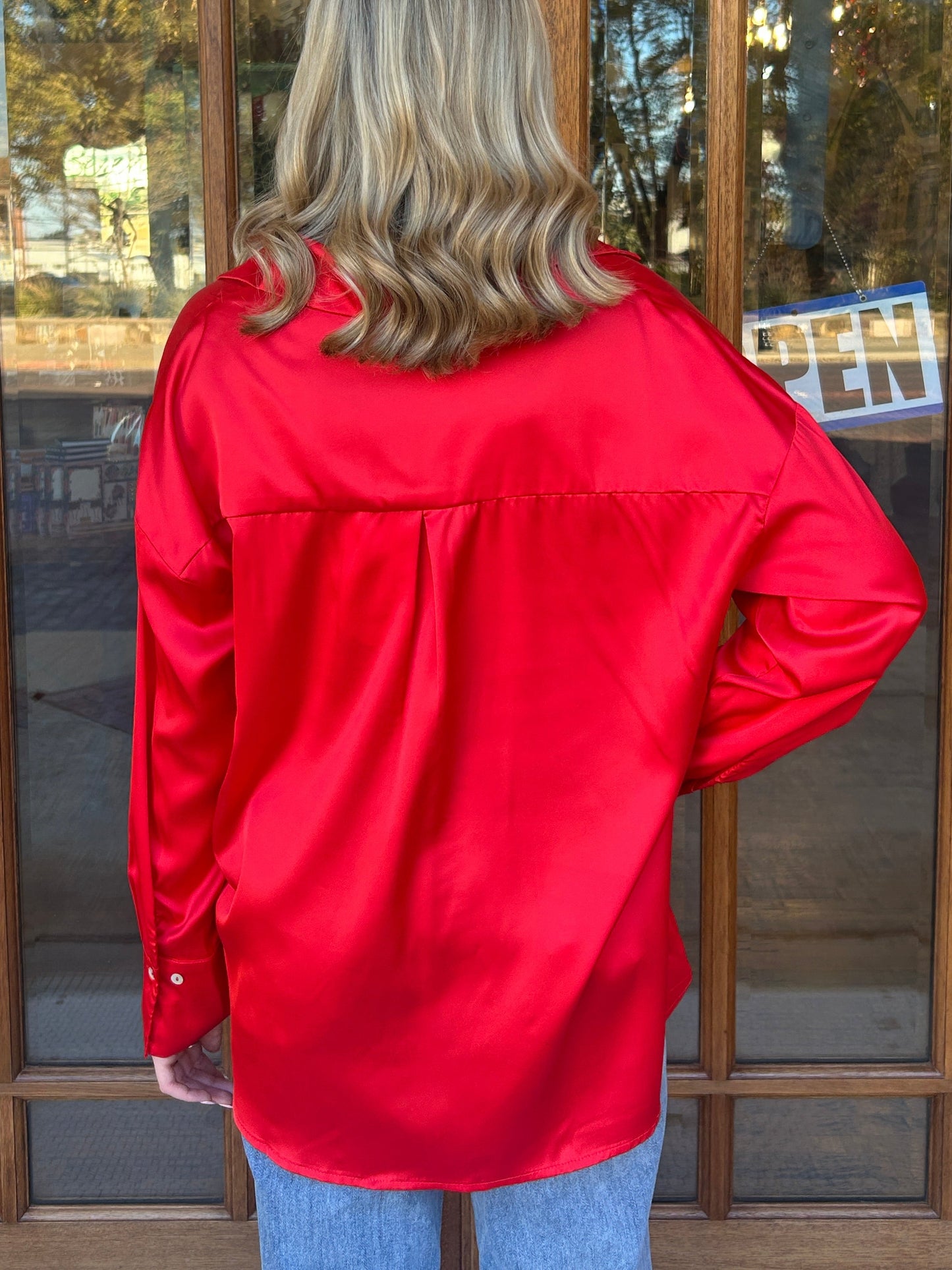 Satin Solid Red Button Down