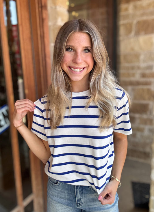Crew Neck Short-Sleeve Striped Print Cotton Knit Top