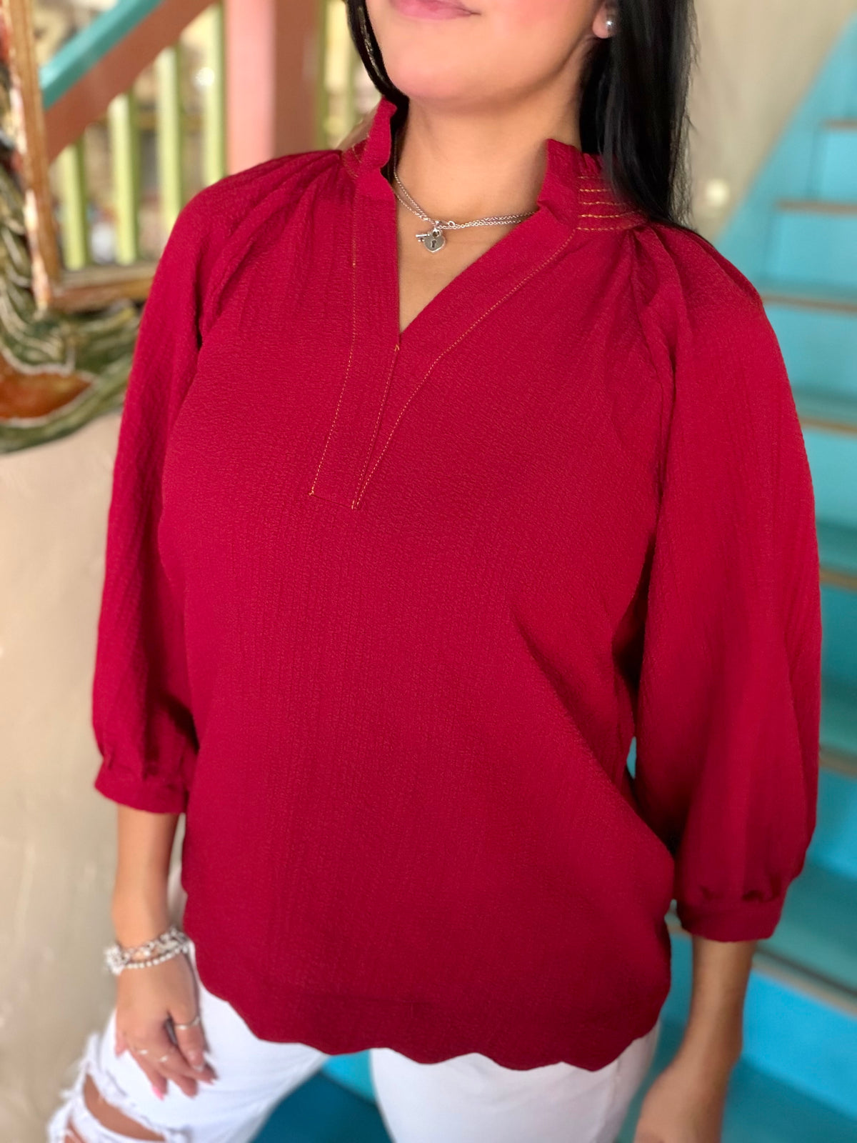 Blouse - Wine Scallop Balloon Sleeve