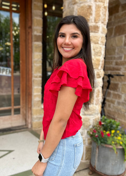 Red Solid Color Textured Ruffle Sleeves Crew Neck Top