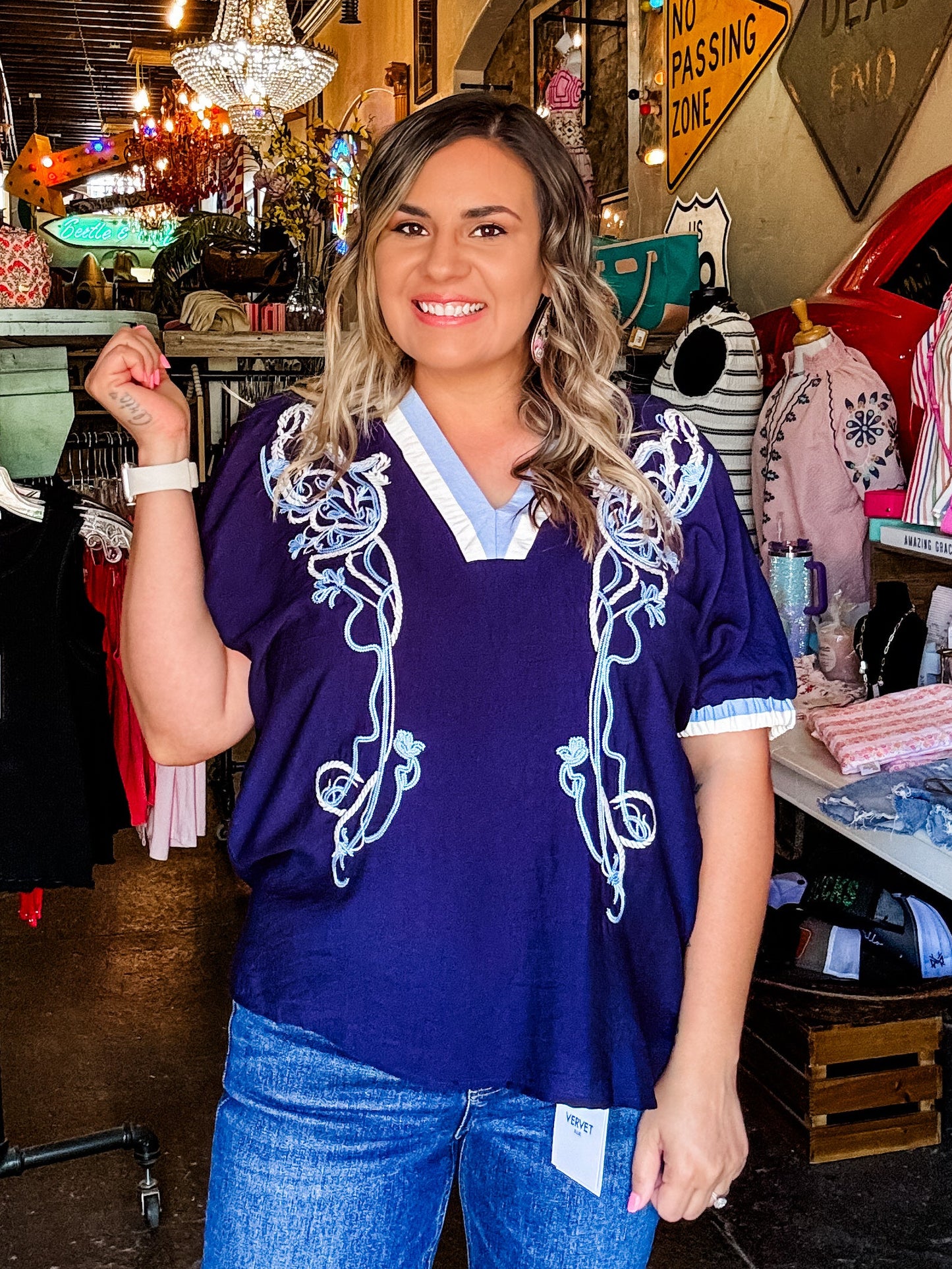 Umgee Blouse - Navy Embroidered V-Neck