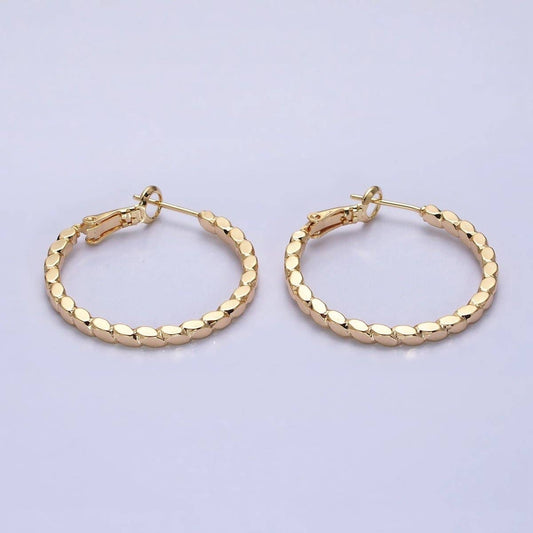 Gold Geometric Oval Lined Hinge Hoop Earrings
