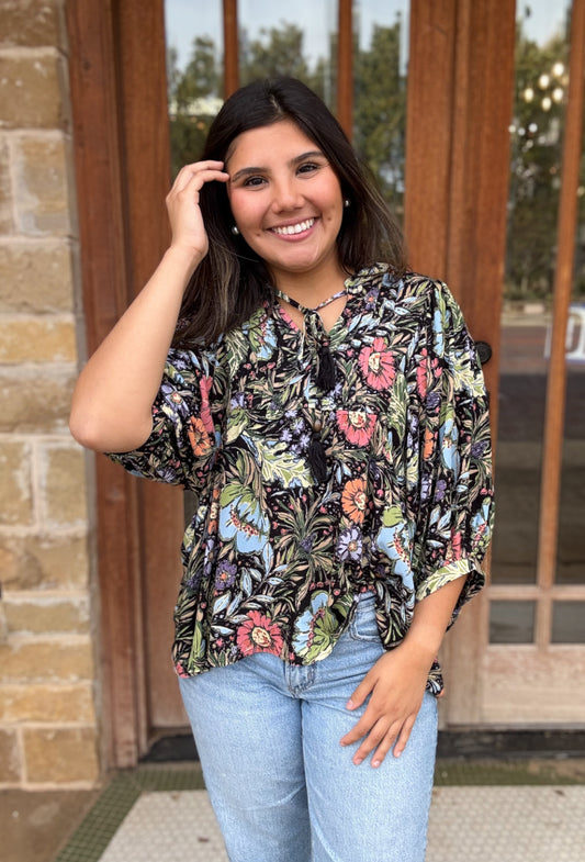 Tops | Blouse Charcoal Multi Floral Printed 3/4 Sleeve