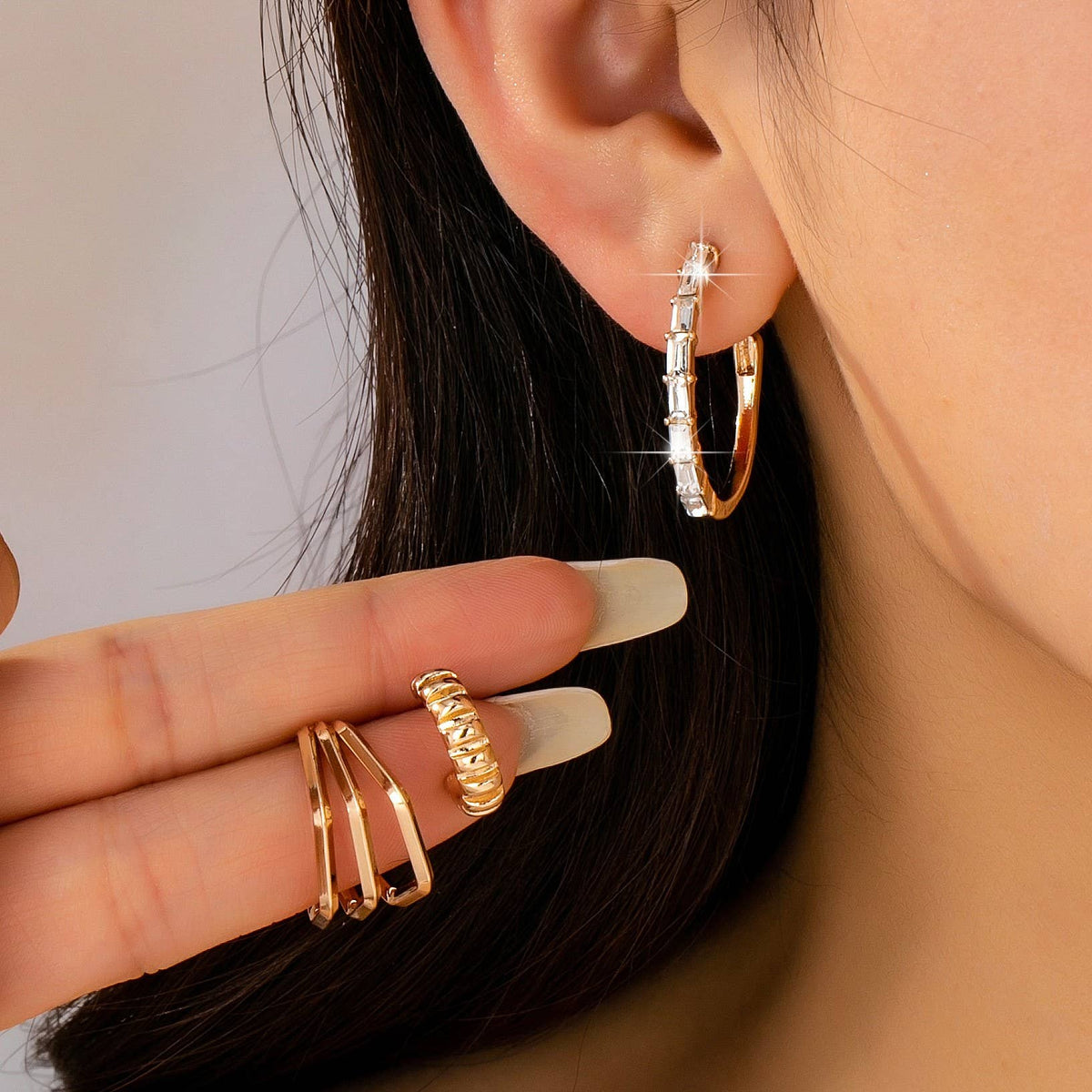 Earrings - Baguette Stone Hoop Trio